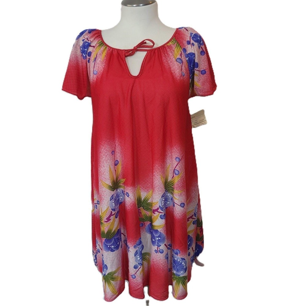 JCPenney Waltz Gown Women XL Red Tropical Floral Vintage Nightgown Short Sleeve